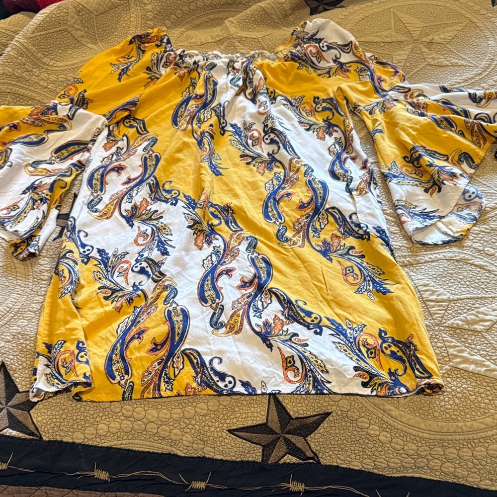 Cato Yellow and White Paisley Off-Shoulder Blouse